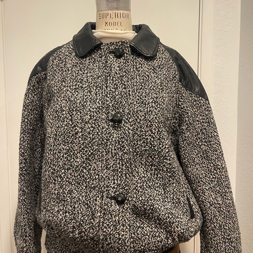 Black and Gray Tweed Jacket with Leather Accents